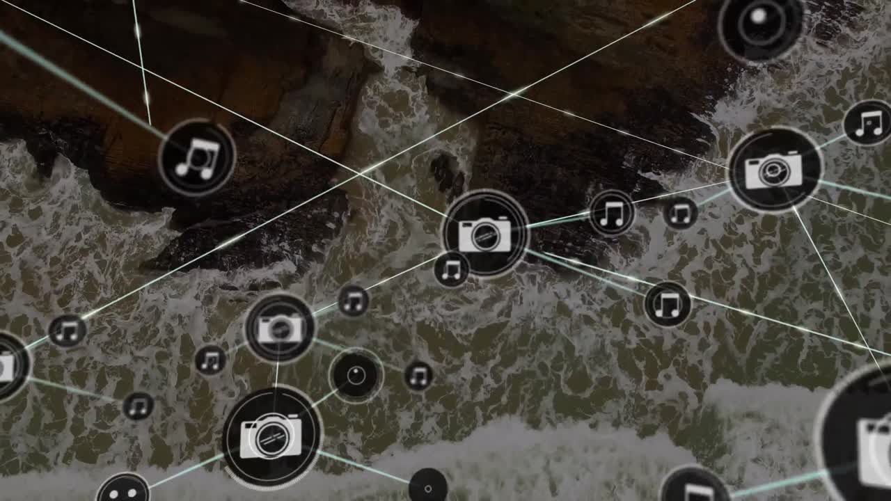 Animation of network of connections with icons over sea view