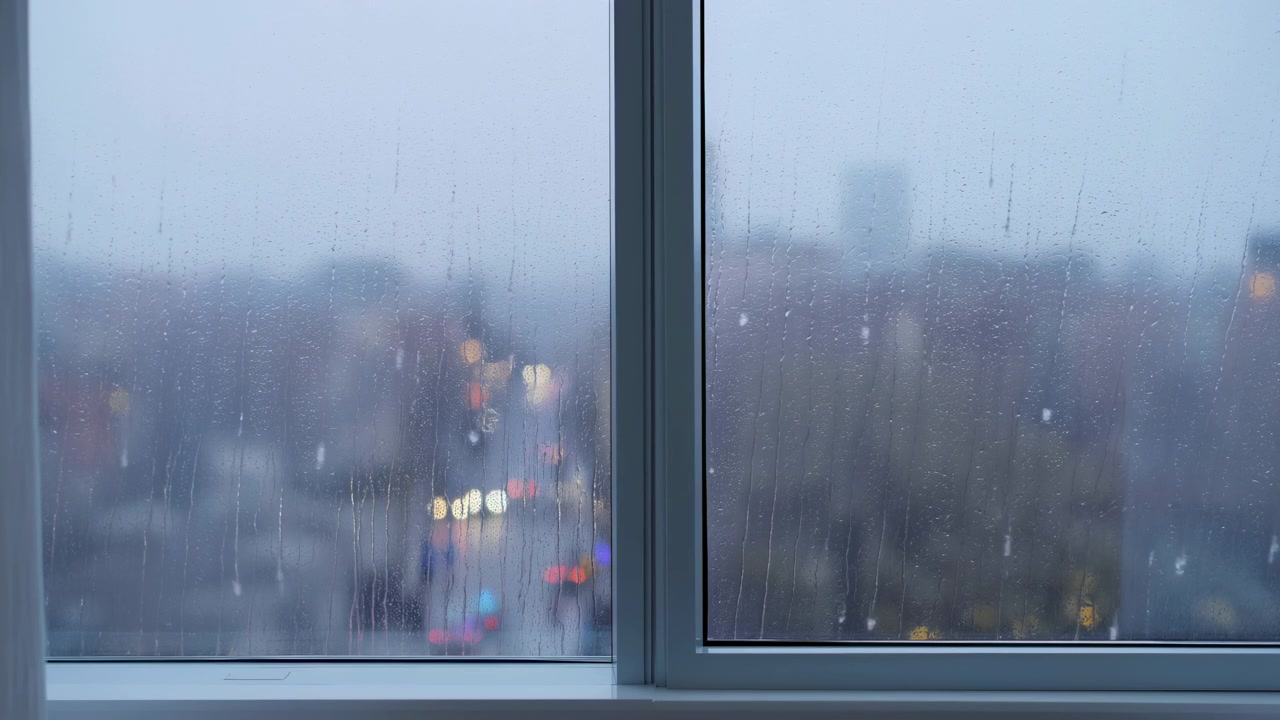 Finestre urbane offrono una vista sulla città con tempo coperto, mostrando l'architettura esterna con elementi in vetro e cemento. L'atmosfera neutra completa lo sfondo pulito, rendendola