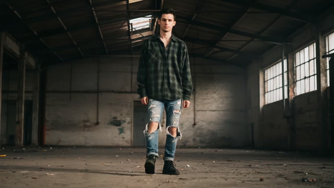 A young man walks through an abandoned warehouse, dressed casually in a plaid shirt and distressed jeans, showcasing the juxtaposition of fashion and decay in an urban setting