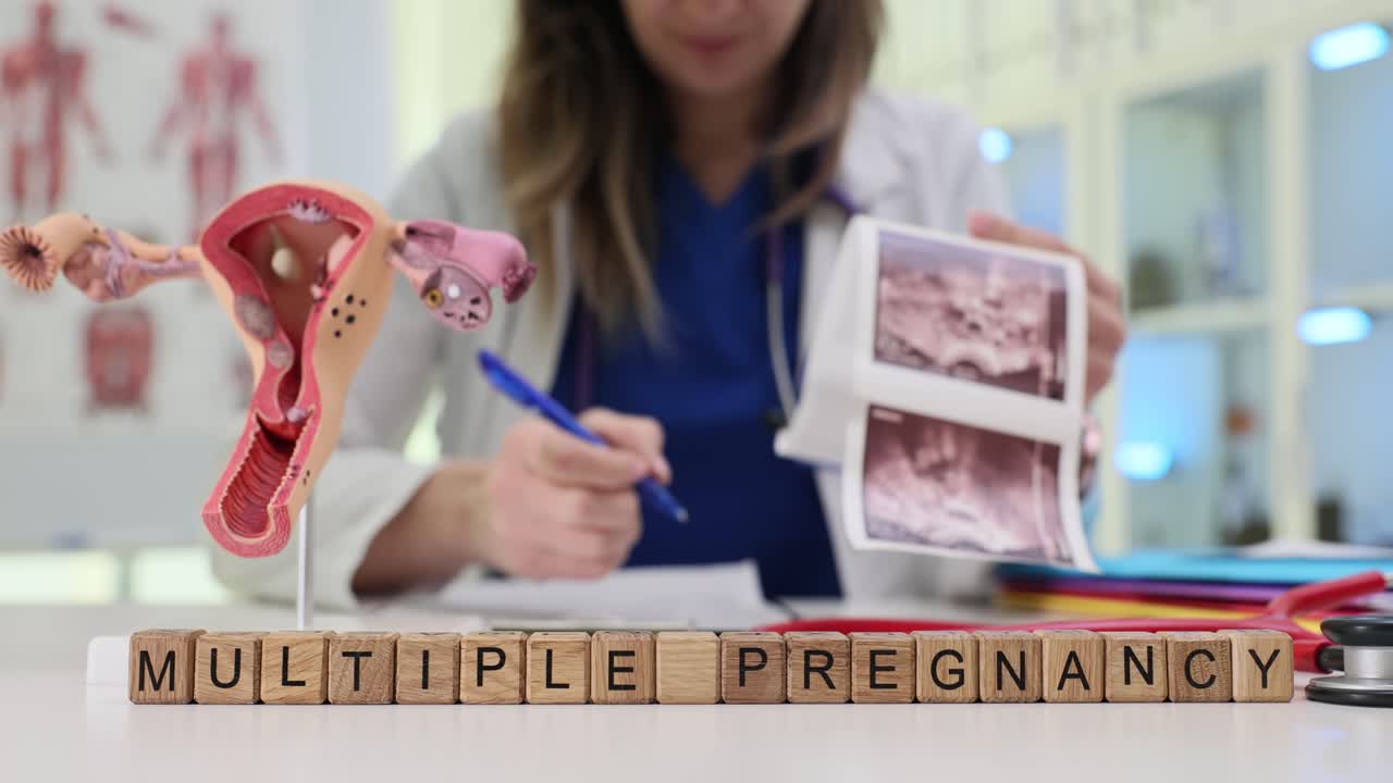 Text multiple pregnancy on blocks with uterus model in hospital