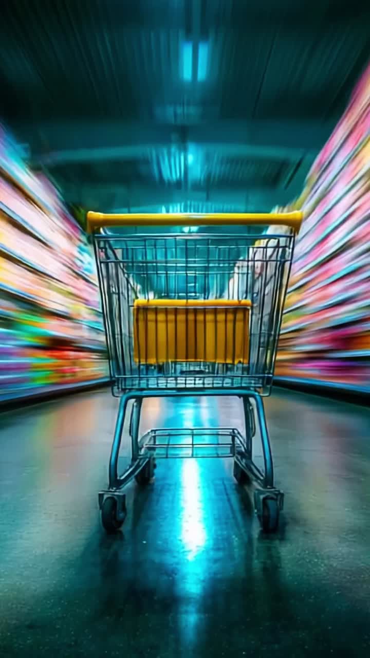 A Vibrant Shopping Experience: A Yellow Shopping Cart in Motion Amidst Shelves of Brightly Colored Products in a Supermarket Setting