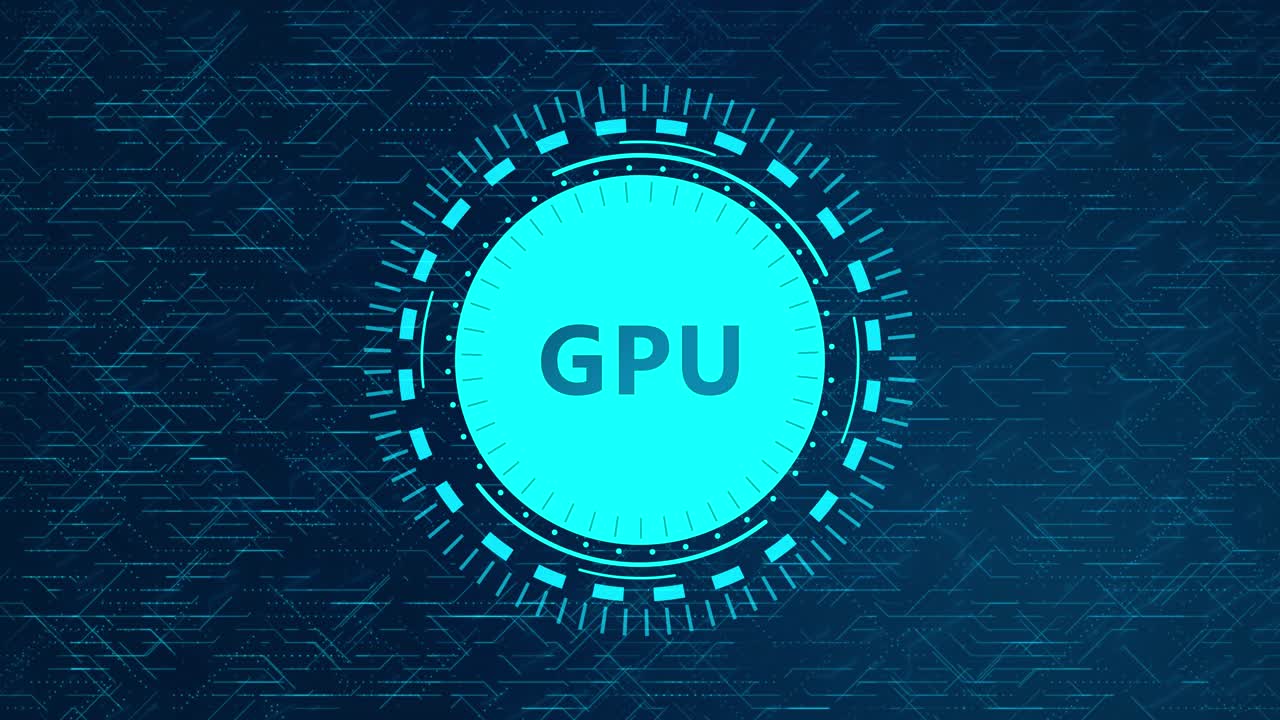 Concetto futuristico di GPU con elementi HUD rotanti e design a circuiti