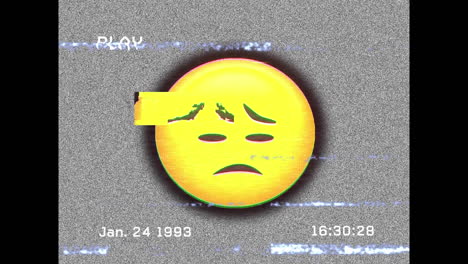 animación digital del efecto de falla de vhs sobre el emoji de cara triste sobre un fondo negro