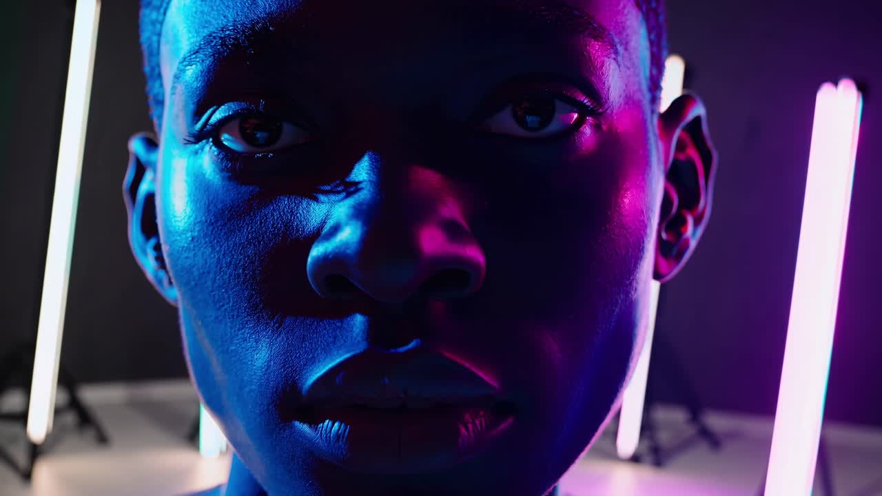 Ung mand med markante træk, belyst af livlige blå og pink farver, der viser et dynamisk udtryk i en visuelt fængslende sceneudvikling