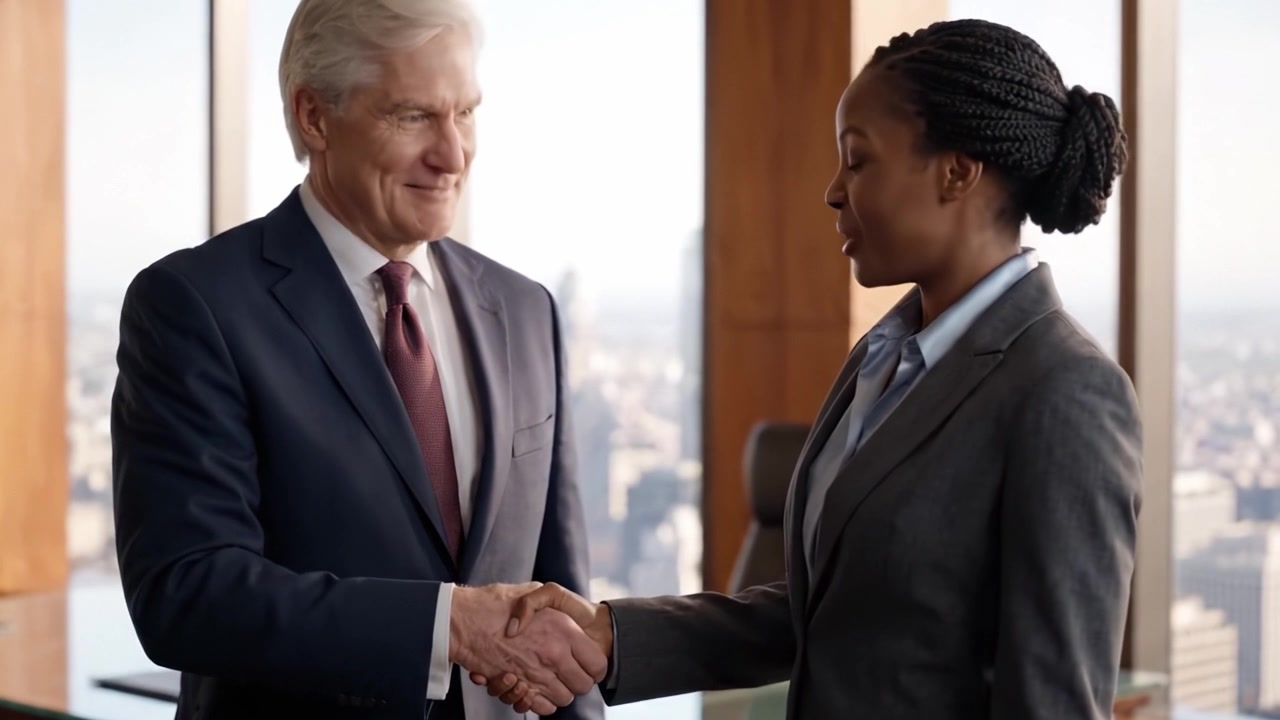 A Successful Business Meeting: A Professional Man and Woman Engaging in a Productive Conversation with a Scenic Urban Background