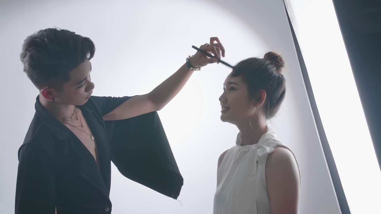 Backstage Of The Photo Shoot: Make-Up Artist Applies Makeup On Beautiful Asian Model