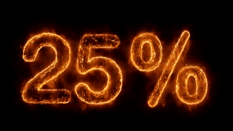 25% percent off word hot animated burning realistic fire flame loop.