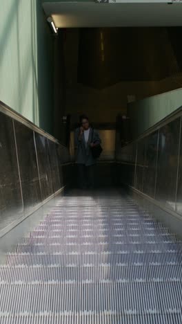 woman on escalator talking on phone