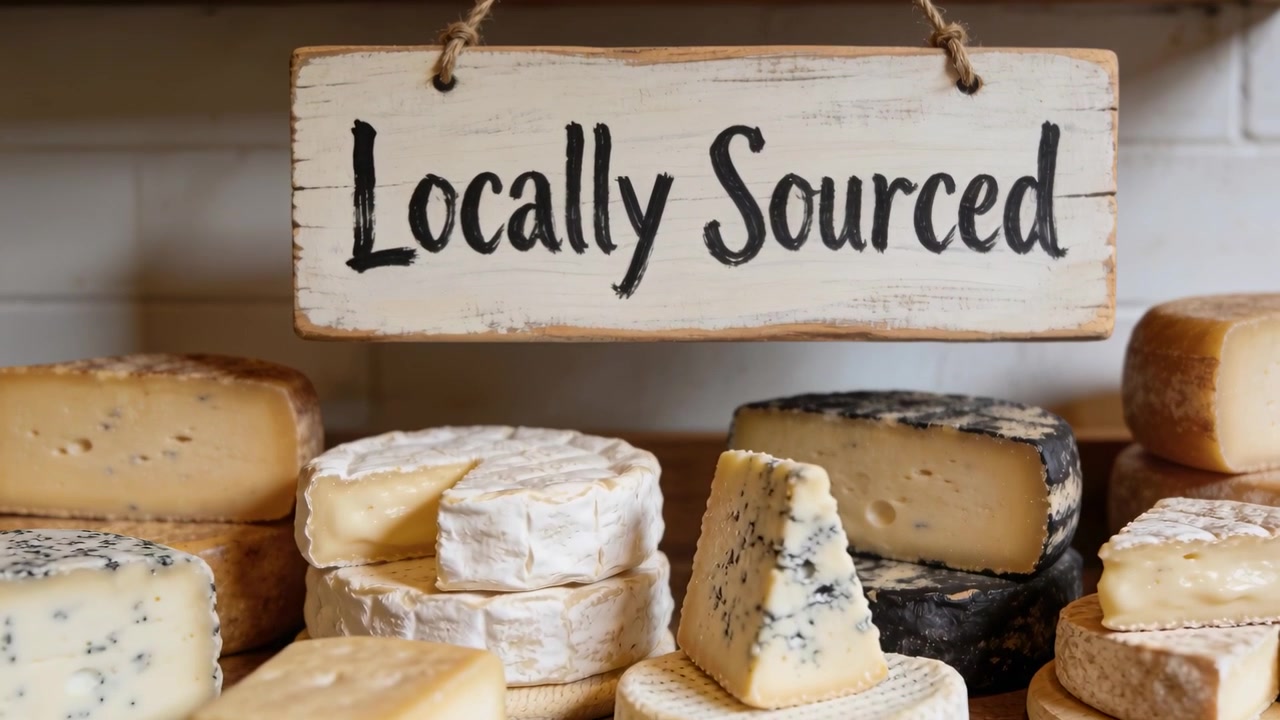 Ingrandendo un cartello di legno 'Provenienza Locale' e formaggi impilati al bancone della gastronomia, evidenziando le croste