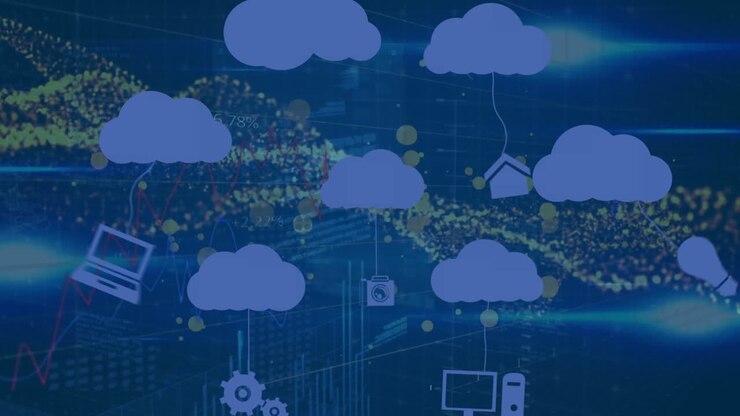 Animation of clouds with icons over glowing spots