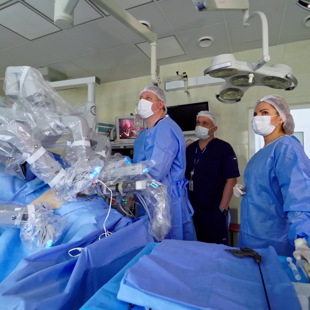 Modern medical technology with endoscopy. Surgical department in hospital with robotic equipment