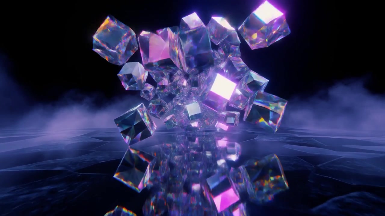 Abstract Floating Crystal Cubes with Purple Lighting and Fog