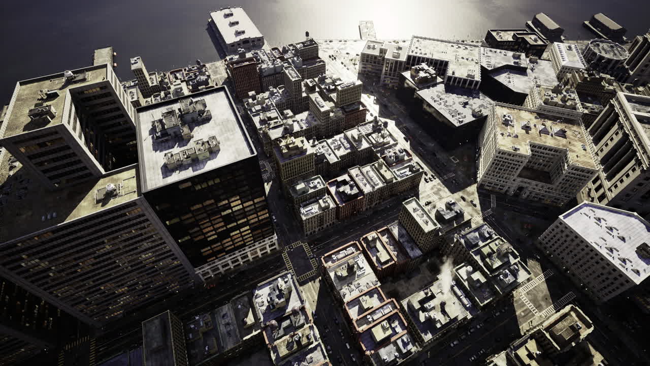 Urban skyline displays detailed architecture and city life from above