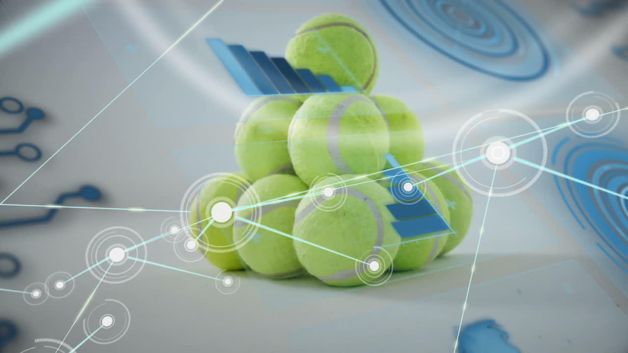 Pyramid stack of tennis balls getting overlaid with glowing interface lines and blue bar charts