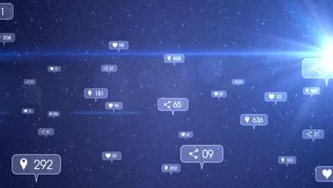 animation of social media icons and numbers on grey banners over stars on night sky