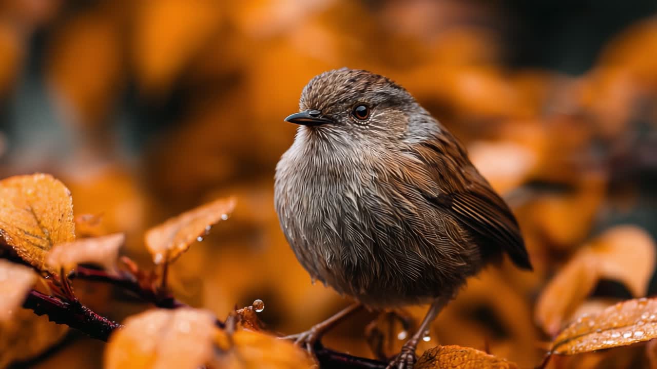 Un primo piano incantevole di un piccolo uccello appollaiato tra le foglie autunnali, che cattura i dettagli delle sue piume e i ricchi colori della stagione autunnale.