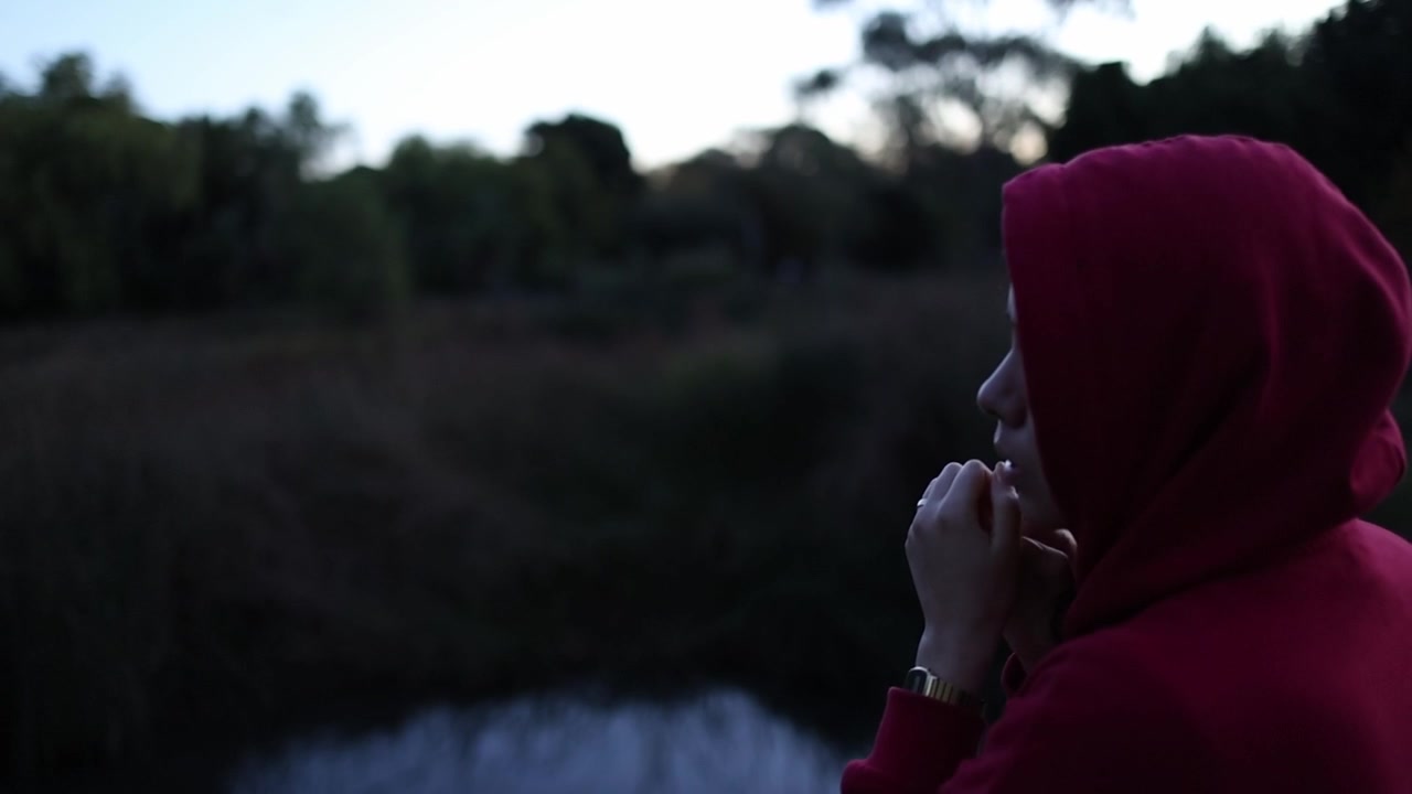 A person in a red hoodie stands by a tranquil pond at dusk, surrounded by tall grasses and dense trees. The soft fading light creates a calm, contemplative mood in this cinematic outdoor shot.