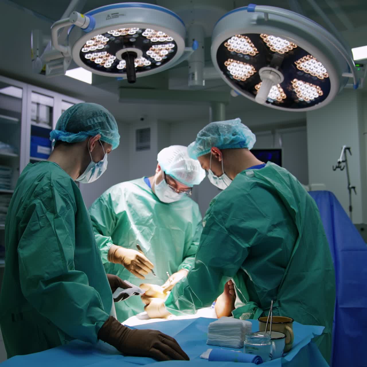 Main surgeon uses scalpel to make an incision on injured foot. Doctor's team working in modern operational theatre