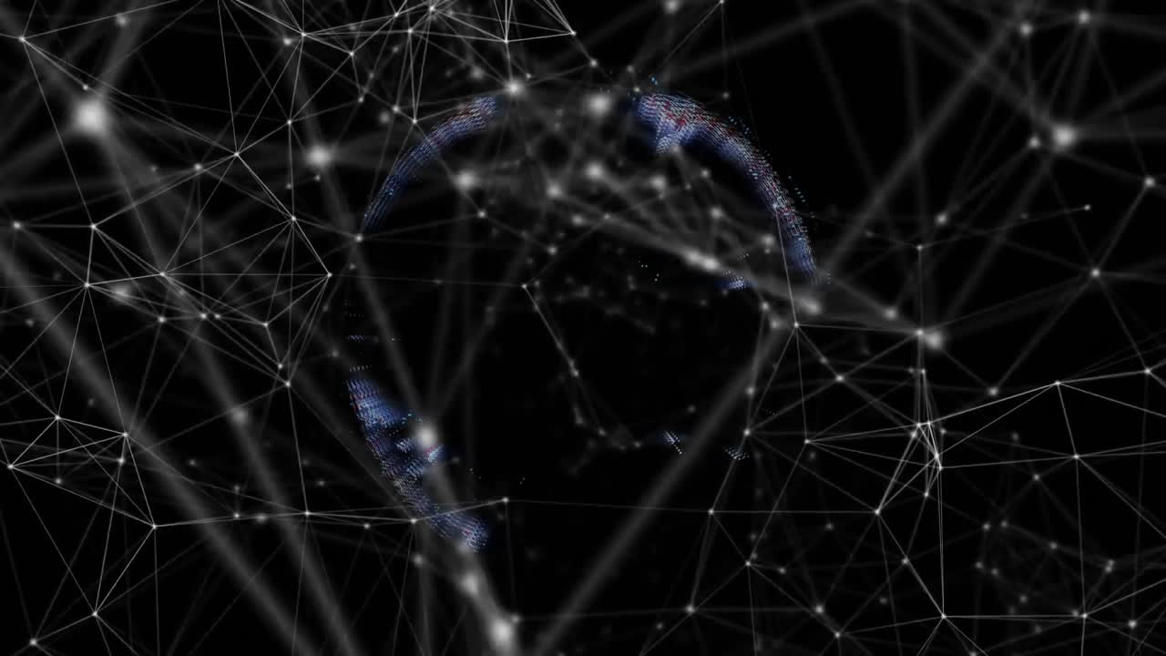 Pixel luminosi che si uniscono, formando un globo rotante che rappresenta il flusso di dati, poi dissolvendosi in nodi.