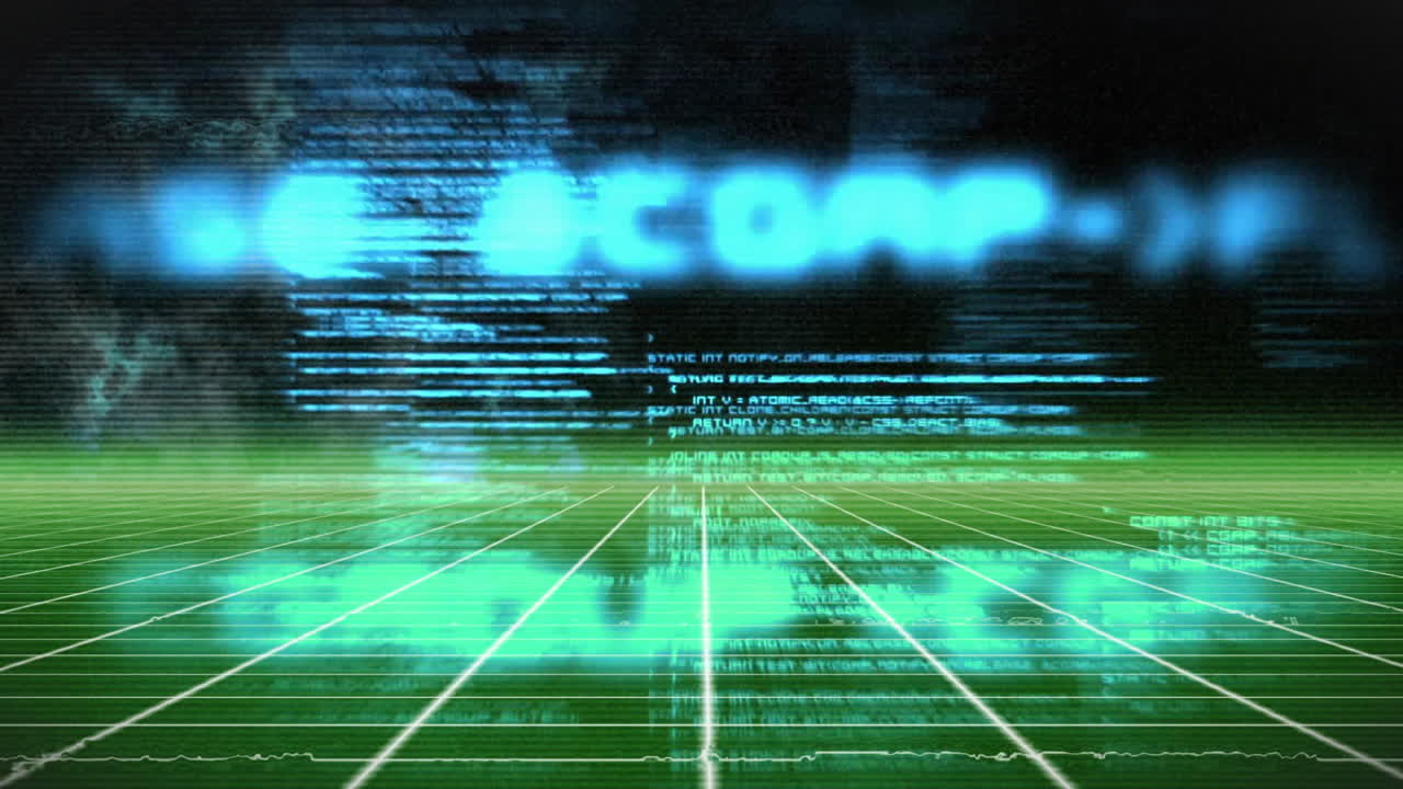 Digital data streams and grid lines animation over green and black background