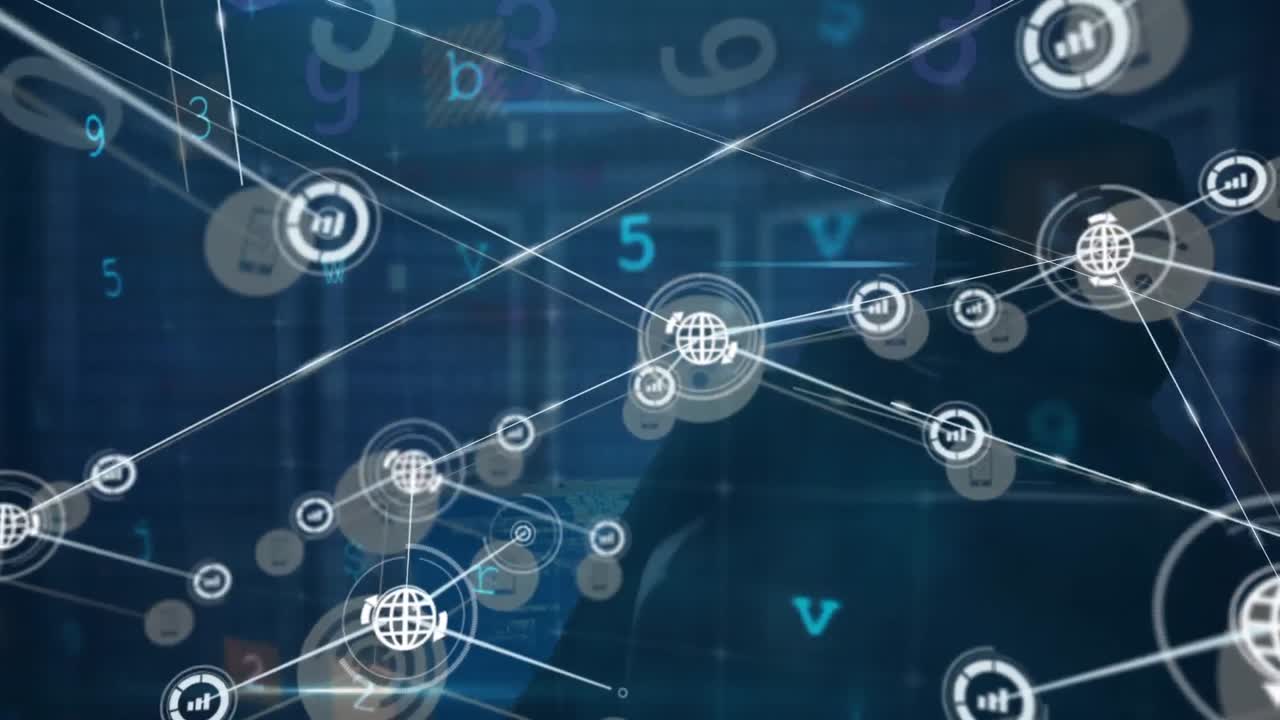 Animation of network of digital icons, cyber security data processing over male hacker using laptop