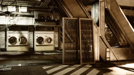 industrial laundry room with machinery and power lines in a dimly lit space