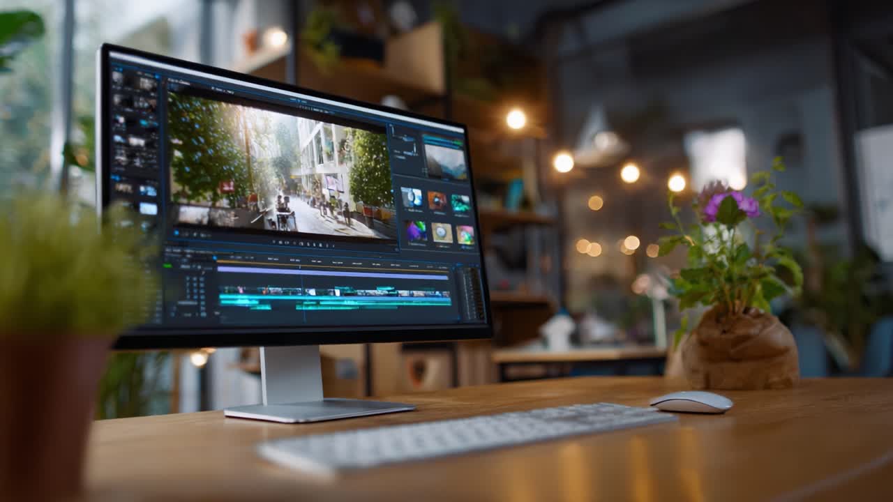 Un setup di editing video avanzato con uno straordinario display che mostra clip video in un ambiente di lavoro luminoso e moderno, ricco di piante e atmosfere creative