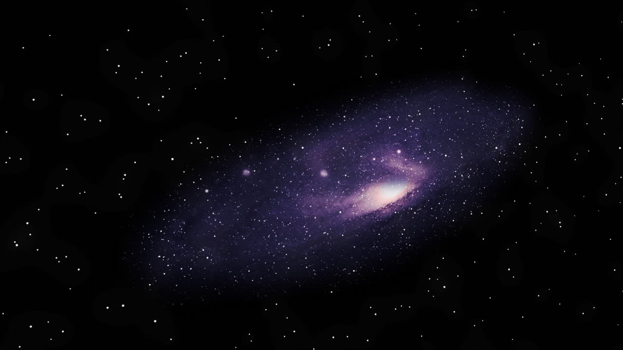 Flying through deep space towards Andromeda galaxy in 3D cosmos animation.