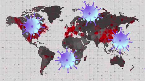 animación de una célula de covid-19 volando sobre el mapa del mundo