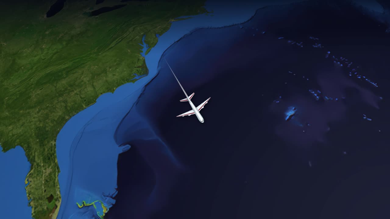 Et passagerfly flyver hen over en 3D-globus fra Nordamerika til Sydamerika