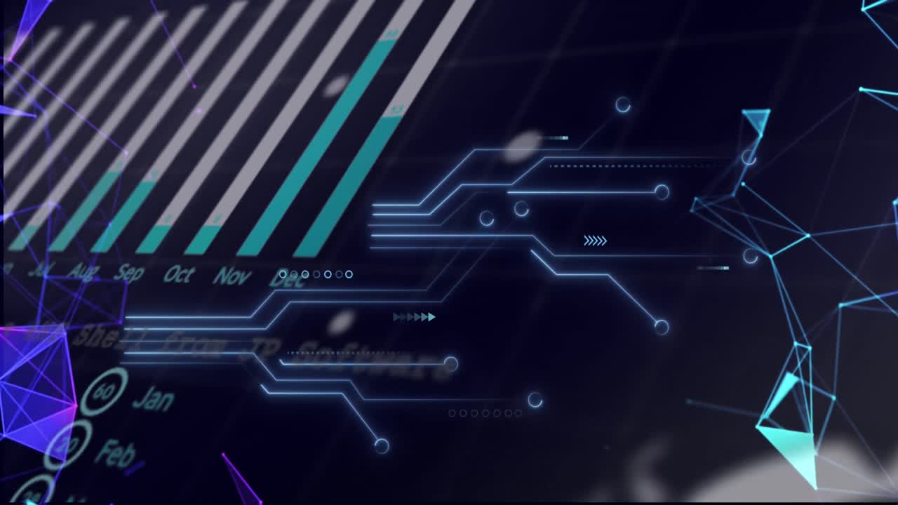 animación de circuito integrado, datos y gráfico sobre fondo negro