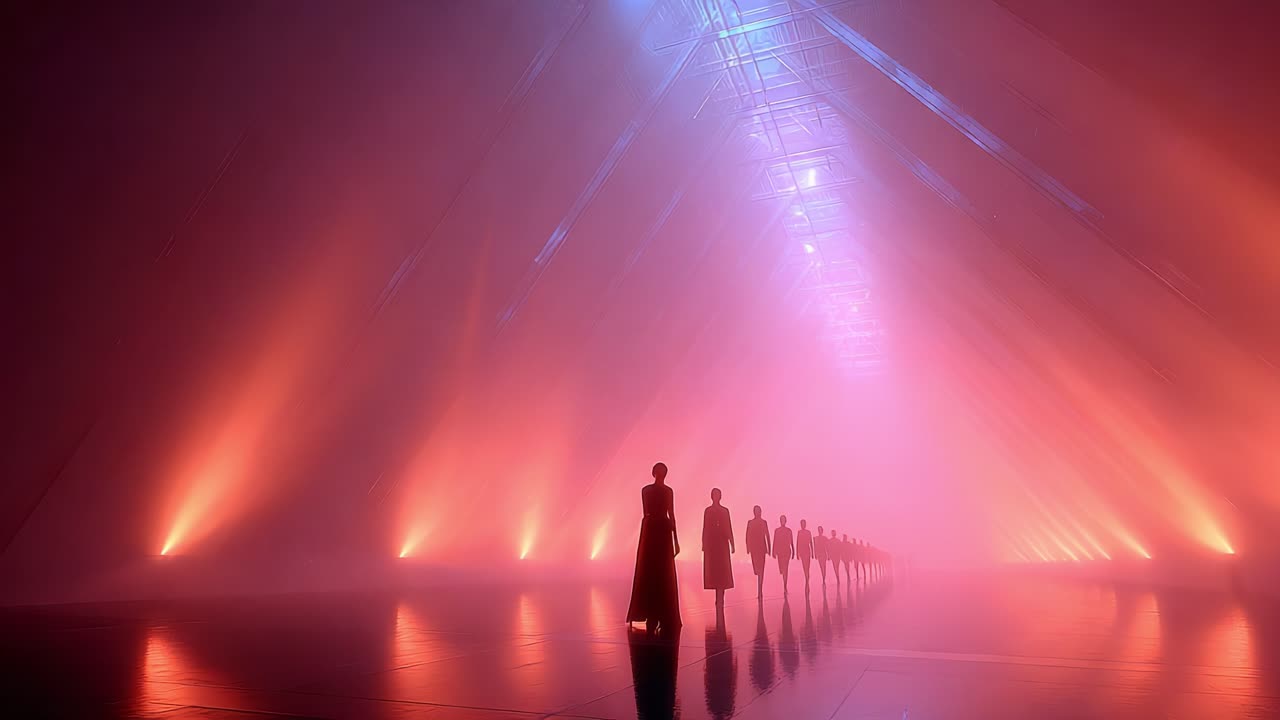 A mesmerizing scene unfolds as silhouettes of figures walk through a stunningly illuminated corridor, bathed in vibrant hues of purple and orange, creating an otherworldly atmosphere of mystery and intrigue
