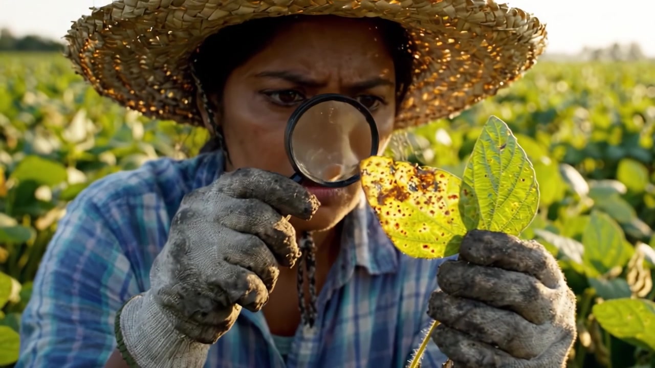 Agricultor decidido cuidando cultivos verdes en un vasto campo, centrado en mejorar el crecimiento y la sostenibilidad mediante técnicas de cultivo cuidadosas.