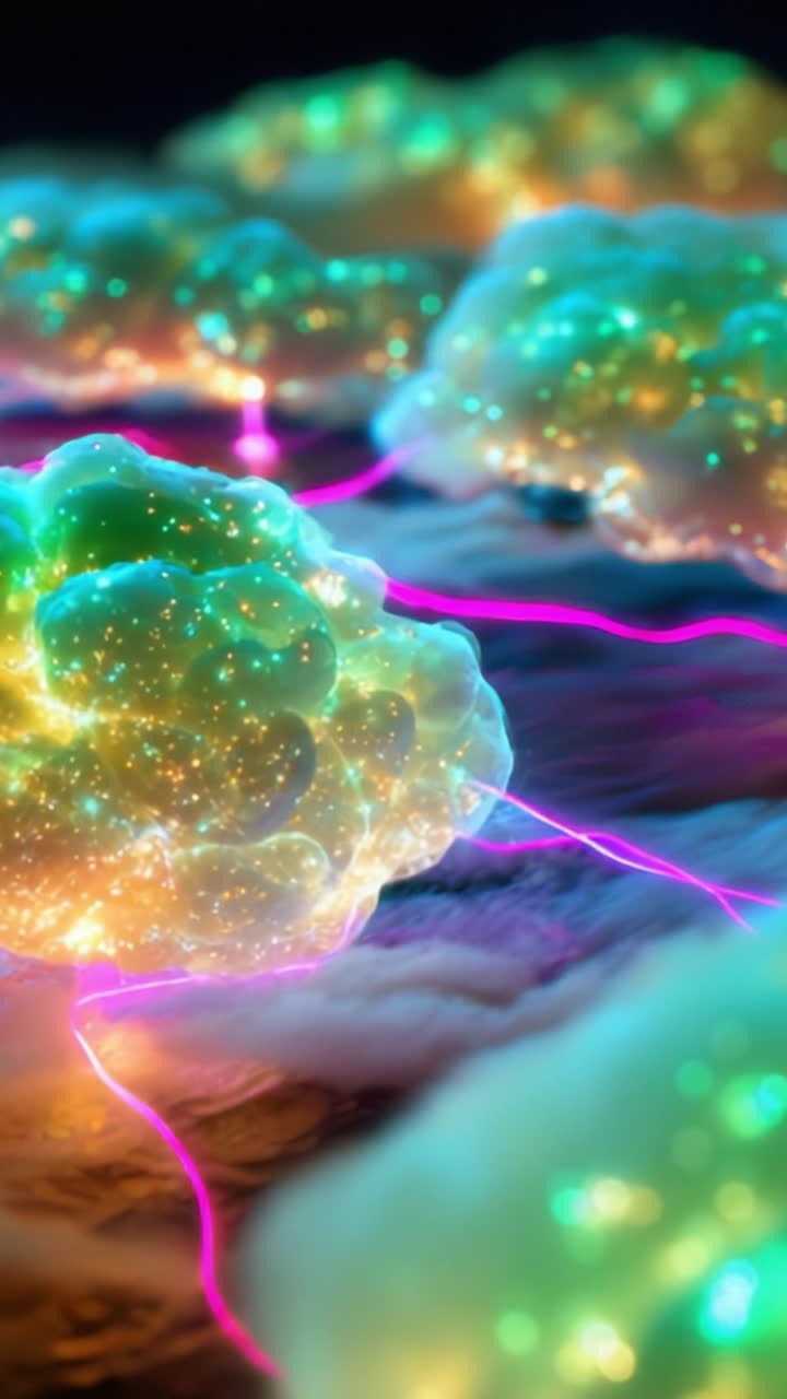 Una straordinaria rappresentazione visiva di nuvole eteree con vibranti viticci di energia neon e texture stellate, che mostra una fusione ipnotizzante di arte e natura.