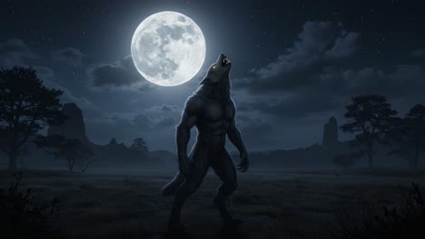 a mysterious werewolf stands under a full moon, embodying the essence of the night with its imposing presence and the eerie atmosphere of a dark forest setting