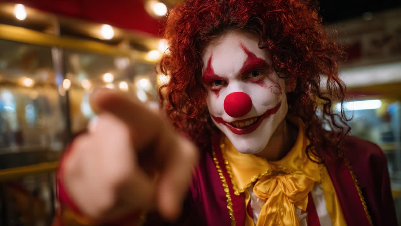 A colorful clown with striking red hair and makeup points directly at the camera, creating an engaging and playful atmosphere in a whimsical circus setting