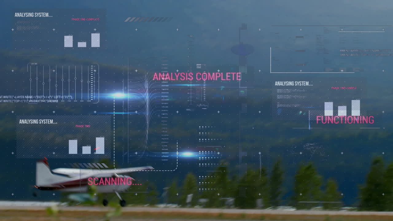 Scanning text animation over airplane and mountains during flight analysis complete