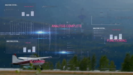 scanning text animation over airplane and mountains during flight analysis complete
