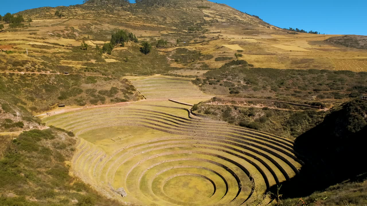 Tilt shot captures the impressive agricultural terraces of the Moray archaeological site. A testament to ancient Inca engineering