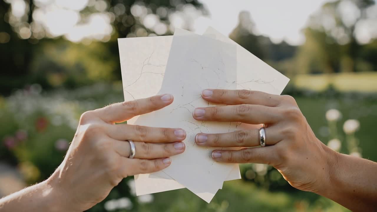 Approaching couple's hands aligning papers in garden making edges even, showing rings, white sleeve