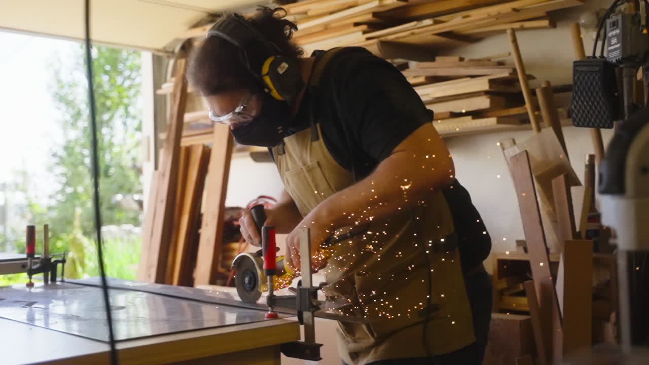 Un charpentier coupe du métal, projetant des étincelles au ralenti, dans son atelier à domicile.