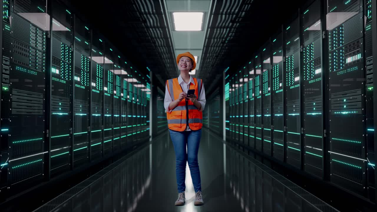 Full Body Of Asian Female Engineer With Safety Helmet Using Smartphone And Looking Around While Standing in Server Room Data Center