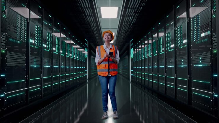 Figura intera di un'ingegnera asiatica con elmetto di sicurezza che usa lo smartphone e si guarda intorno mentre è in piedi in una sala server di un data center