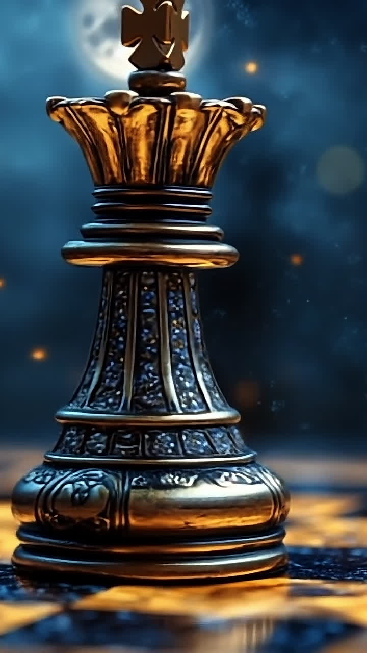 Night king on glowing board. A detailed chess king piece stands tall on a glowing chessboard, illuminated by soft light in a dark setting.