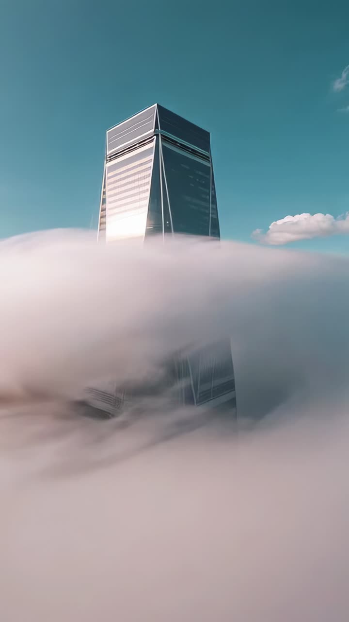 Vertical video: Drifting fog revealing glass skyscraper above city, sun brightening facade
