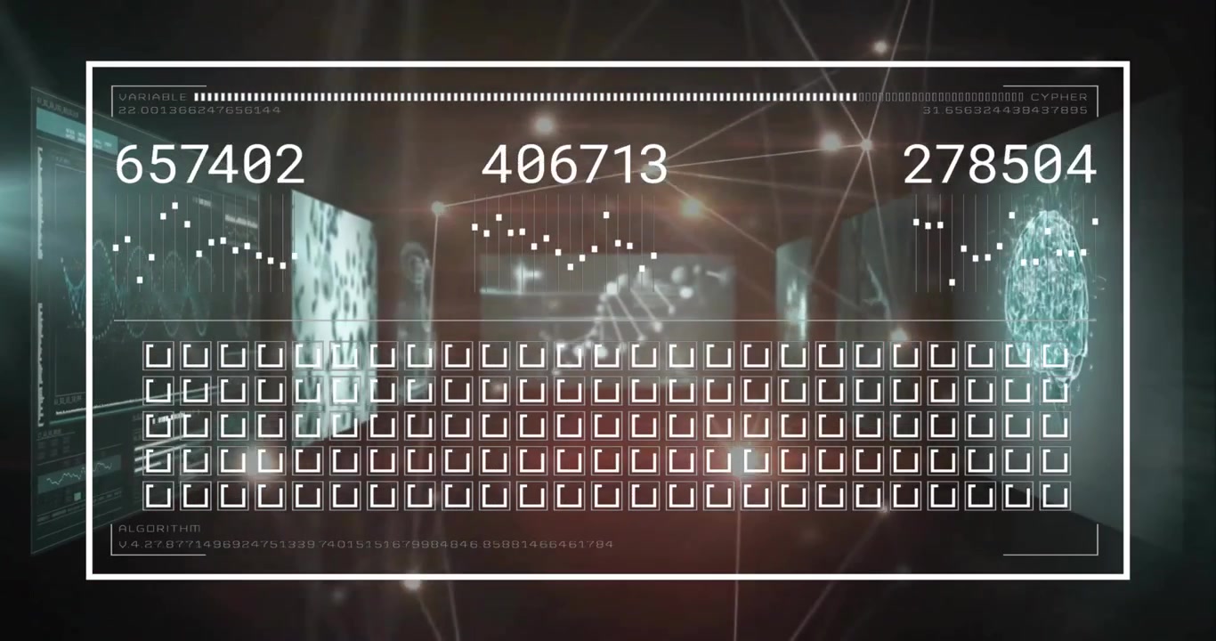 Animation of data processing and network of connections on black background