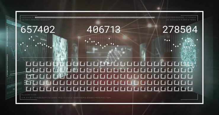 Animazione di elaborazione dati e rete di connessioni su sfondo nero.