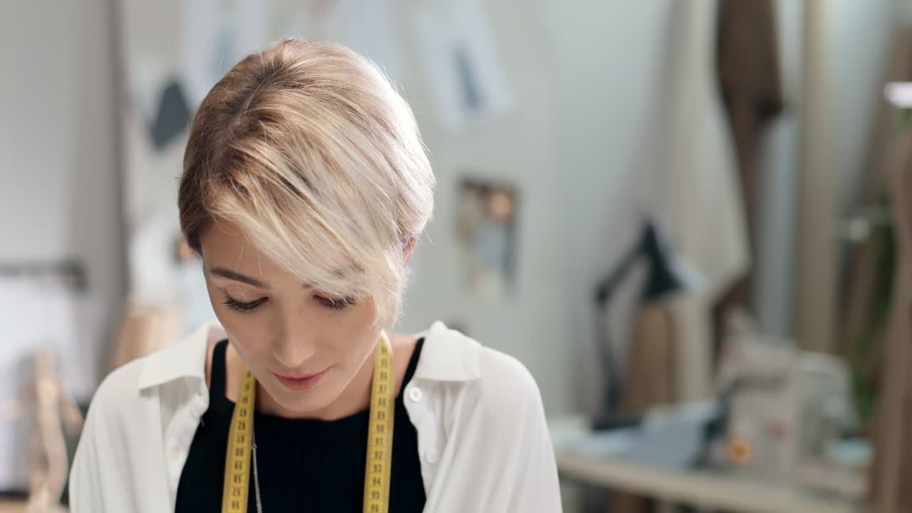 바느질 작업장에서 카메라를 보고 미소 짓는 목에 테이프를 매달고 있는 여성 재단사