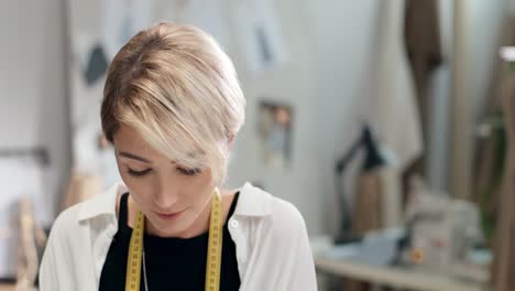 Woman-Tailor-With-Measuring-Tape-Hanging-From-The-Neck-Looks-And-Smiles-At-The-Camera-In-The-Sewing-Workshop