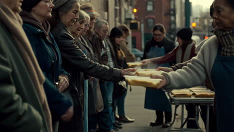 volunteers distributing food to people in need